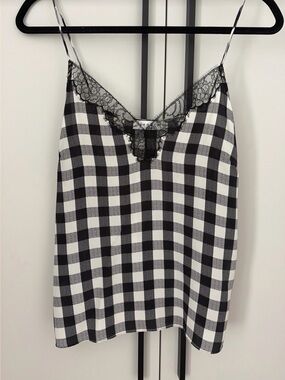 SANDRO Black and White SILK Gingham Lace Trim Cami